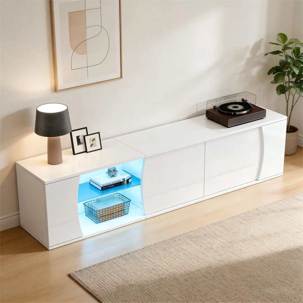 Meuble TV Ye 180*40*45cm, meuble bas avec 3 portes, meuble en verre trempé, meuble TV de divertissement de haute qualité avec LED, support TV, adapté aux téléviseurs de 80 pouces
