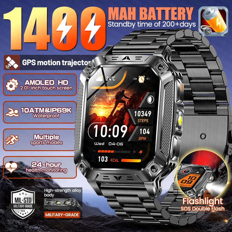 2026 Neue Smartwatch für Herren mit integriertem 1400mAh Super-Großakku, Outdoor-GPS, 2,01-Zoll-AMOLED-Bildschirm, 10ATM wasserdicht, Bluetooth-Anruffunktion