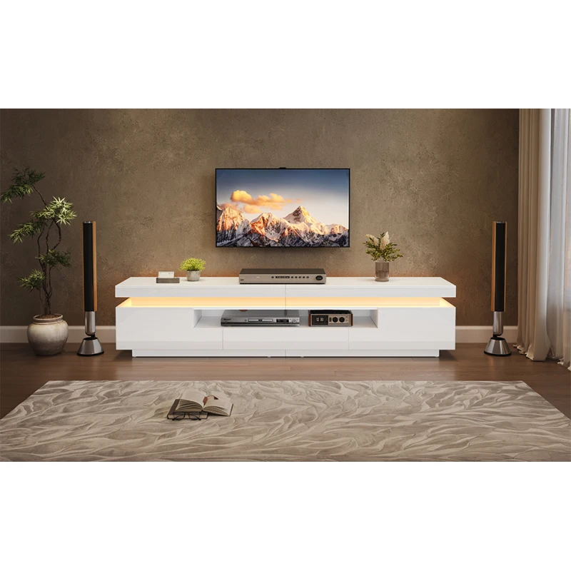 Meuble TV de salon 175*38*45 cm avec 2 armoires en forme de L et 1 tiroir, meuble de salon brillant avec éclairage LED, meuble bas avec espace de rangement semi-ouvert, meuble TV autoportant adapté