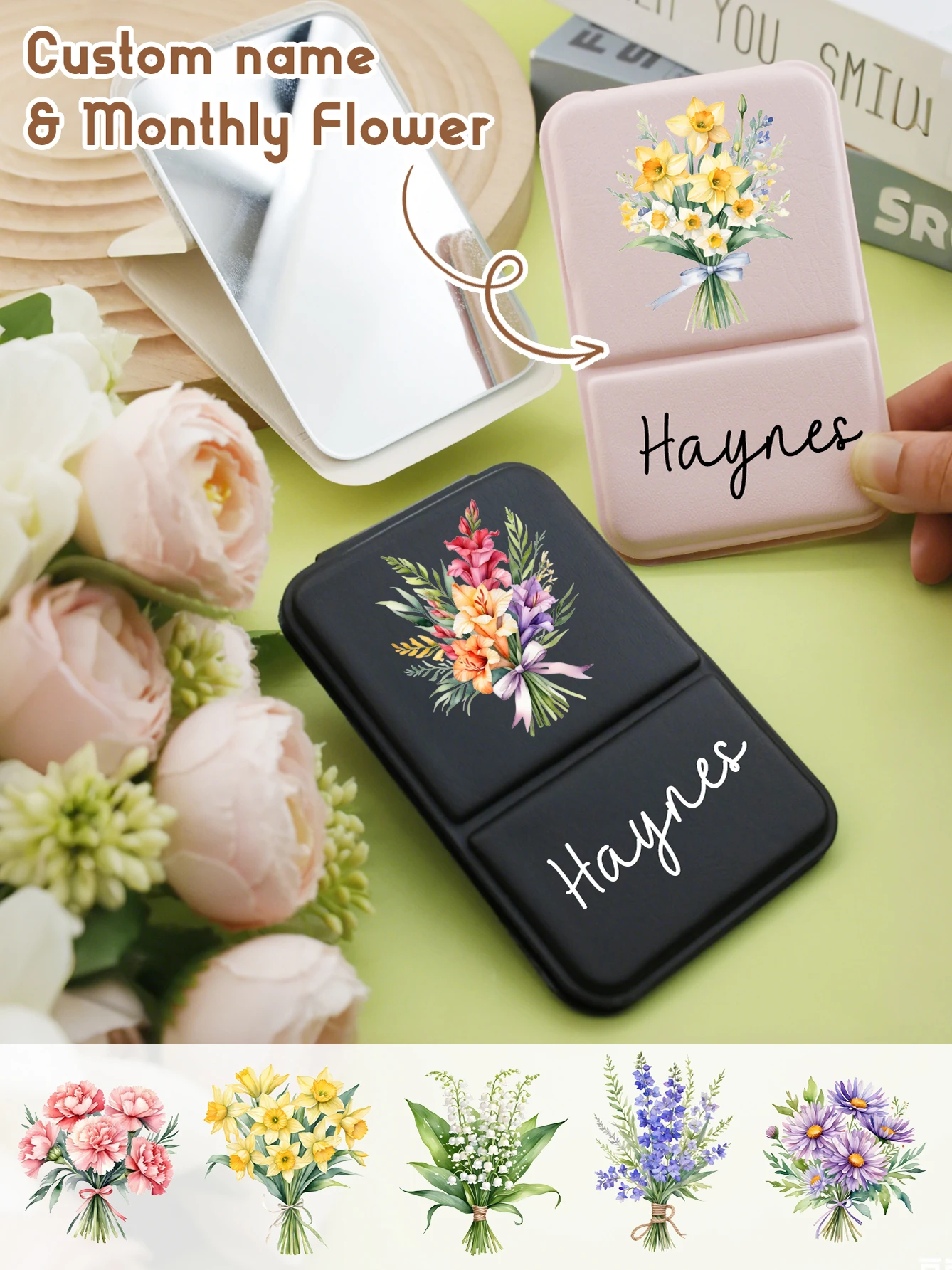 Personalisierter Geburtsblumen-Kosmetikspiegel, Individueller Standspiegel mit Namen, Anpassbarer Reise-Kosmetikspiegel