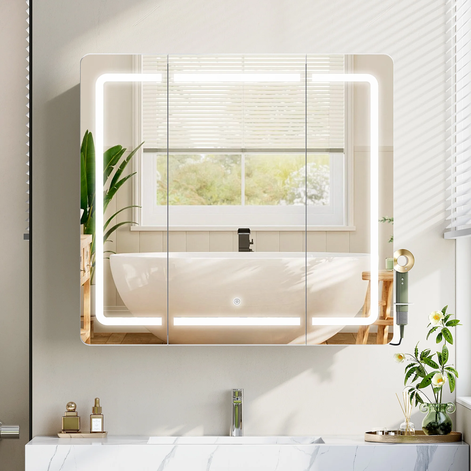 Badezimmer-Spiegelschrank mit LED-Beleuchtung, 3 Farbtemperaturen, Dimmbar, mit Spiegel