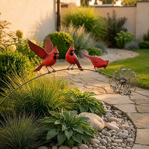 Paletto da giardino in metallo a forma di uccello, scultura di 3 pettirossi realistici su un dente di leone, ornamento decorativo per prato, patio e giardino. aiuola, decorazione da giardino per