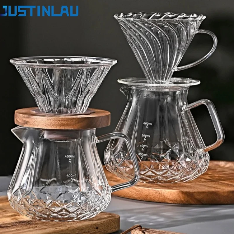 JUSTINLAU Hand Drip Coffee Pot Set High Borosilicate Glass Coffee Brewing Pot Espresso Filter Cups Household Coffee Accessories