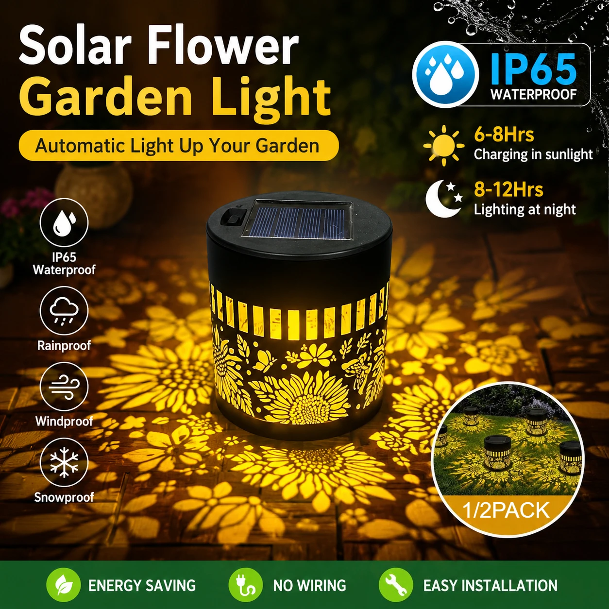 Solar Sunflower Wall Light Outdoor Garden Mandala Pattern Decoration Wall Light for Patio Garden Estate Porch Courtyard Decor