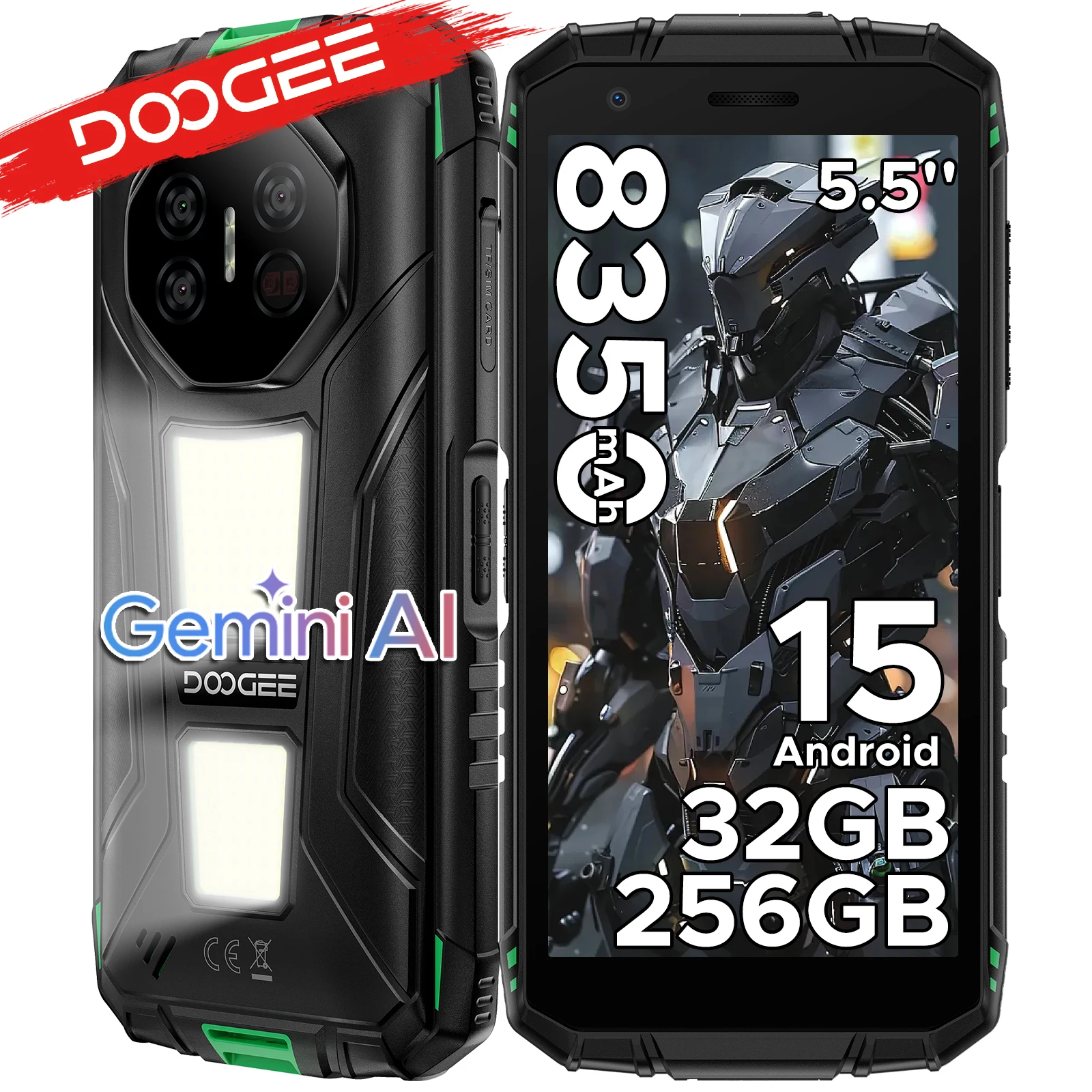 DOOGEE Fire 3 Max Outdoor-Smartphone 32GB RAM 256GB ROM 5,5 Zoll HD+ Display mit Campingbeleuchtung 8350mAh UNISOC T7250 48MP NFC Android 15 Smartphone