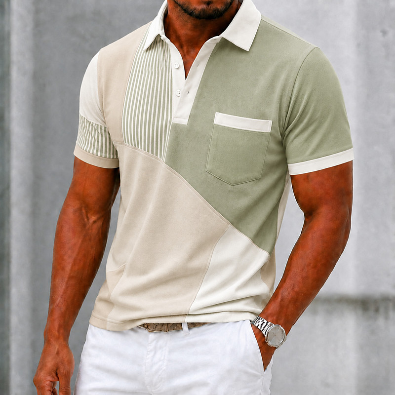 Men's Color Block Geometic Polo Shirts Short Sleeve Polo Shirts Collared Shirts Business Casual Outdoor Athleisure Daily Wear 3D Print Buttons Summer Spring Blue Light Green Brown