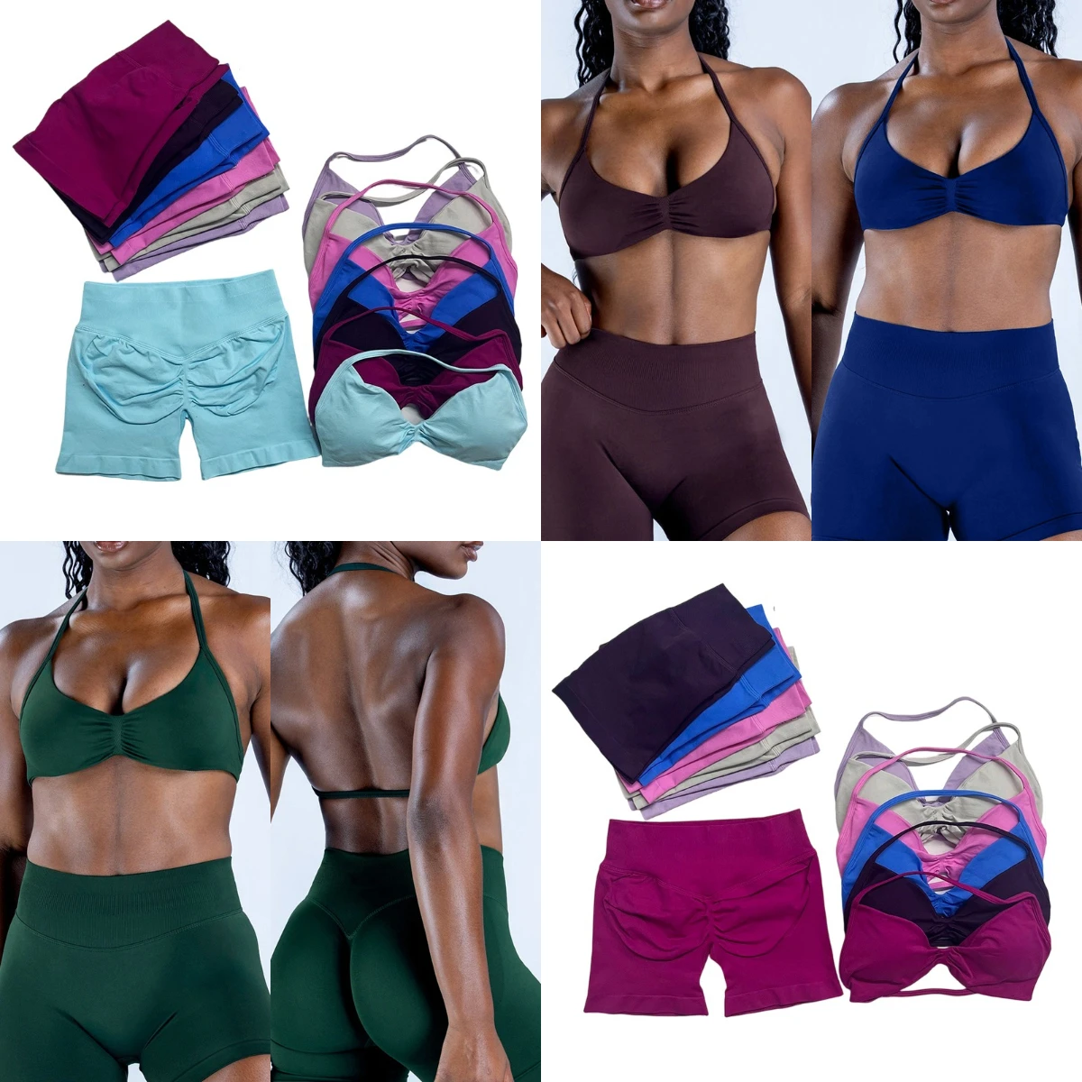 Ensemble de sport pour femme 2 pièces DF Gym, soutien-gorge de yoga à bretelles, haut de sport, short froncé, ensemble de sport sans couture, vêtements de fitness