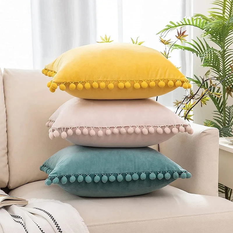 Niedlicher Geschenk-Kissenbezug, gemütlicher, weicher Pompons-Kissenbezug aus Samt, dekorativer Kissenbezug für die Inneneinrichtung im Landhausstil, 30 x 50 cm, 45 x 45 cm, 50 x 50 cm