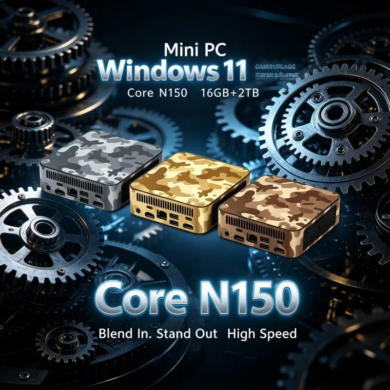 Lightweight Windows 11 Intel Core N150 Camouflage Mini PC 16GB RAM WIFI6 BT5.2 1/2TB SSD Gaming Computer 4K Desktop PC