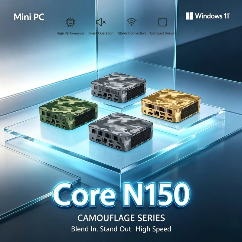 Smooth Running Windows 11 Intel Core N150 Camouflage Mini PC WIFI6 BT5.2 16GB RAM 1/2TB SSD Gaming Computer 4K Desktop PC