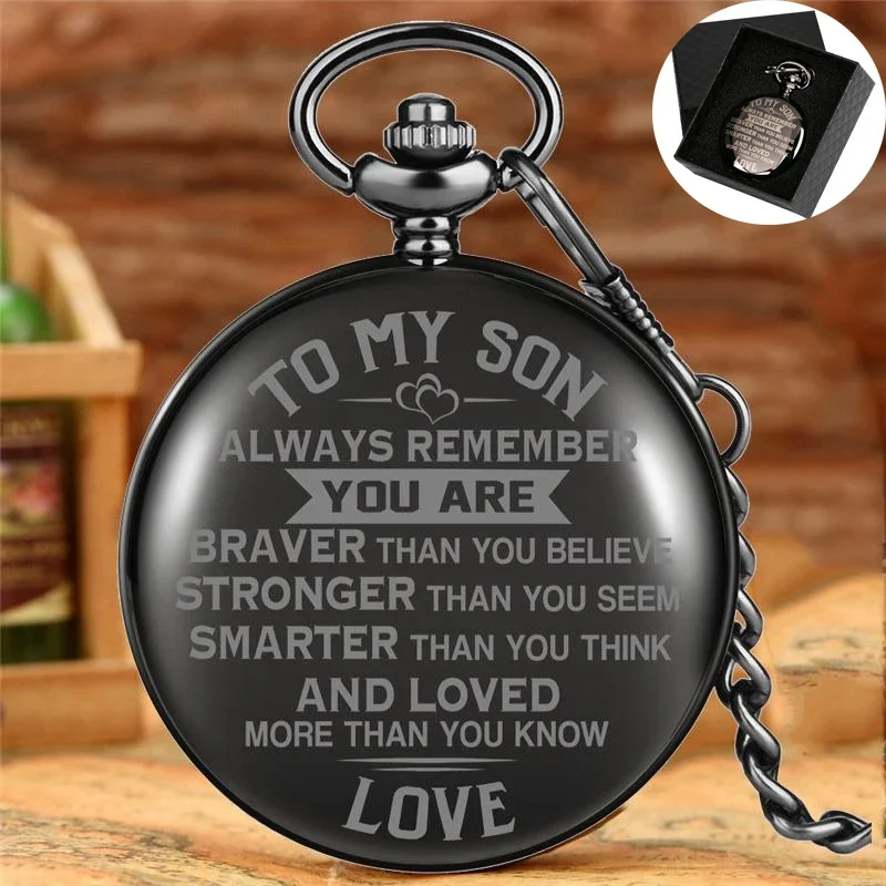 Antike Taschenuhr im antiken Stil für meinen Sohn, mit Muster „Braver Stronger Smarter“, für Kinder und Jungen, Quarz-Analoguhr, Anhänger mit Kette, Geschenk
