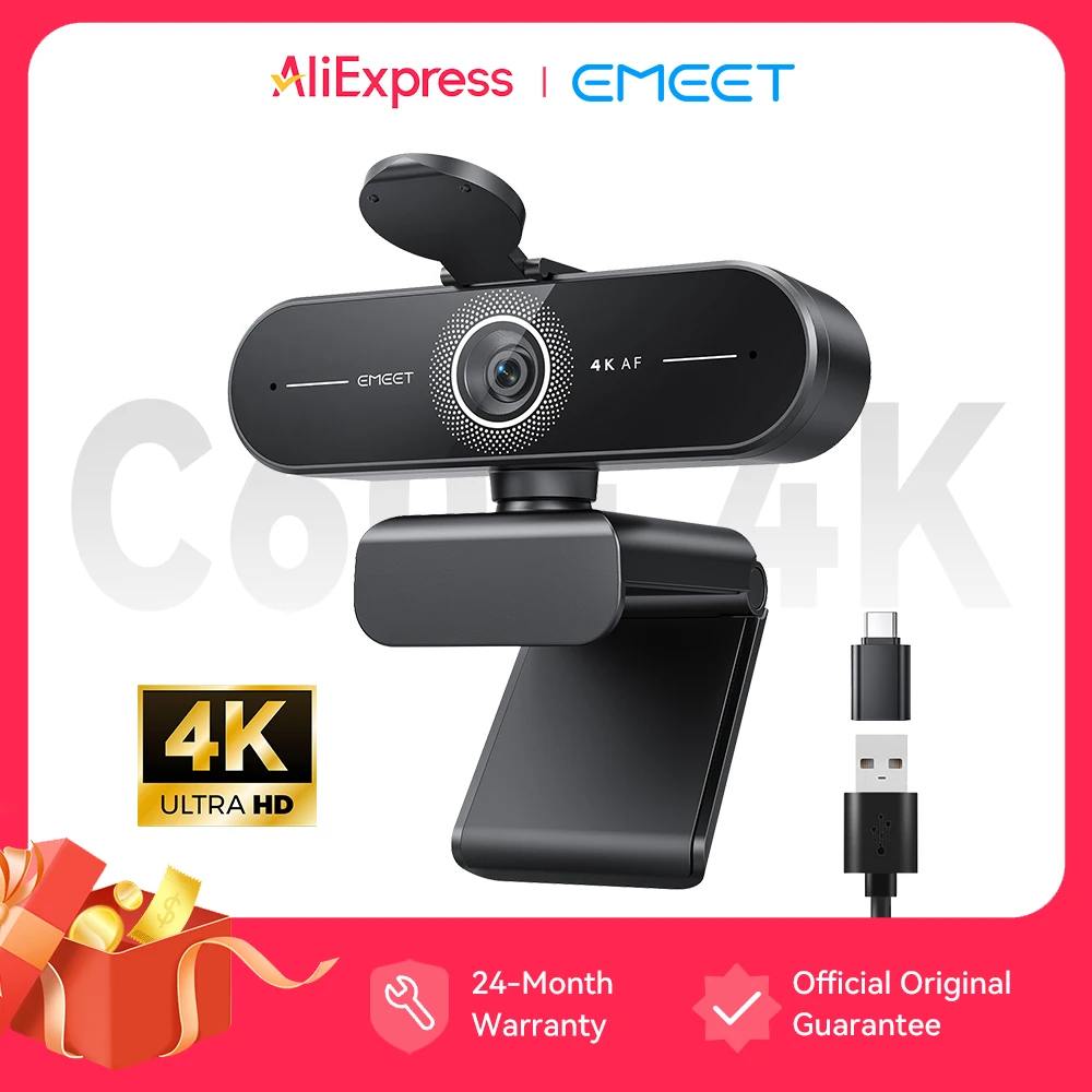 Webcam EMEET C60E 4K pour le streaming et le gaming, caméra de streaming en direct avec autofocus PDAF et deux micros, webcam USB Plug & Play pour PC et Mac