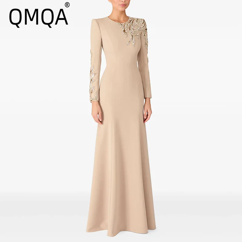 QMQA Fashion Women's Evening Dress O Neck Spliced Beading Long Sleeve High Waist Elegant Party Dresses 2025 Autumn Winter QM928