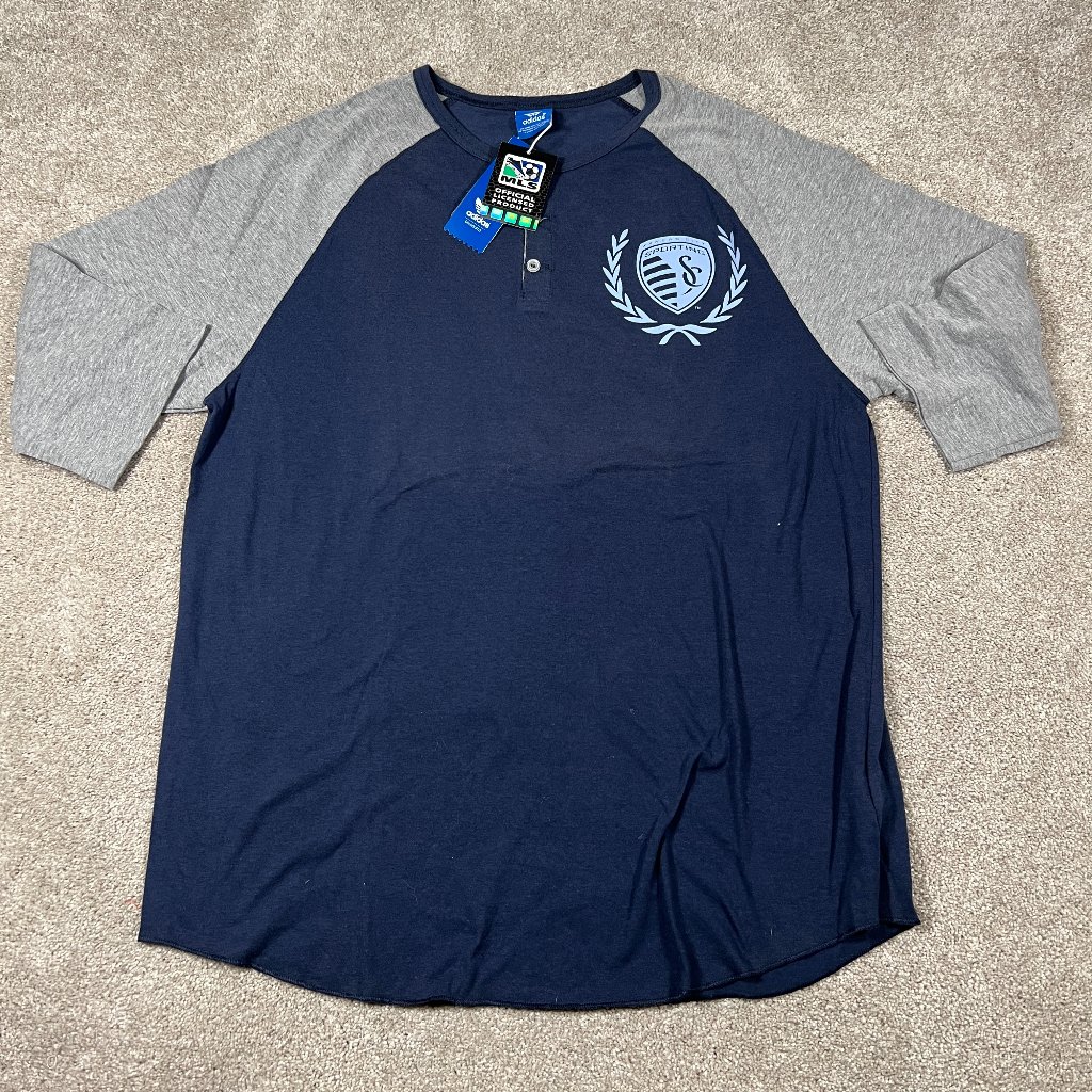 Adidas Shirts | Adidas Mens L Blue Gray Sporting Kansas City Mls Soccer Raglan Sleeve Jersey Nwt | Color: Blue/Gray | Size: L
