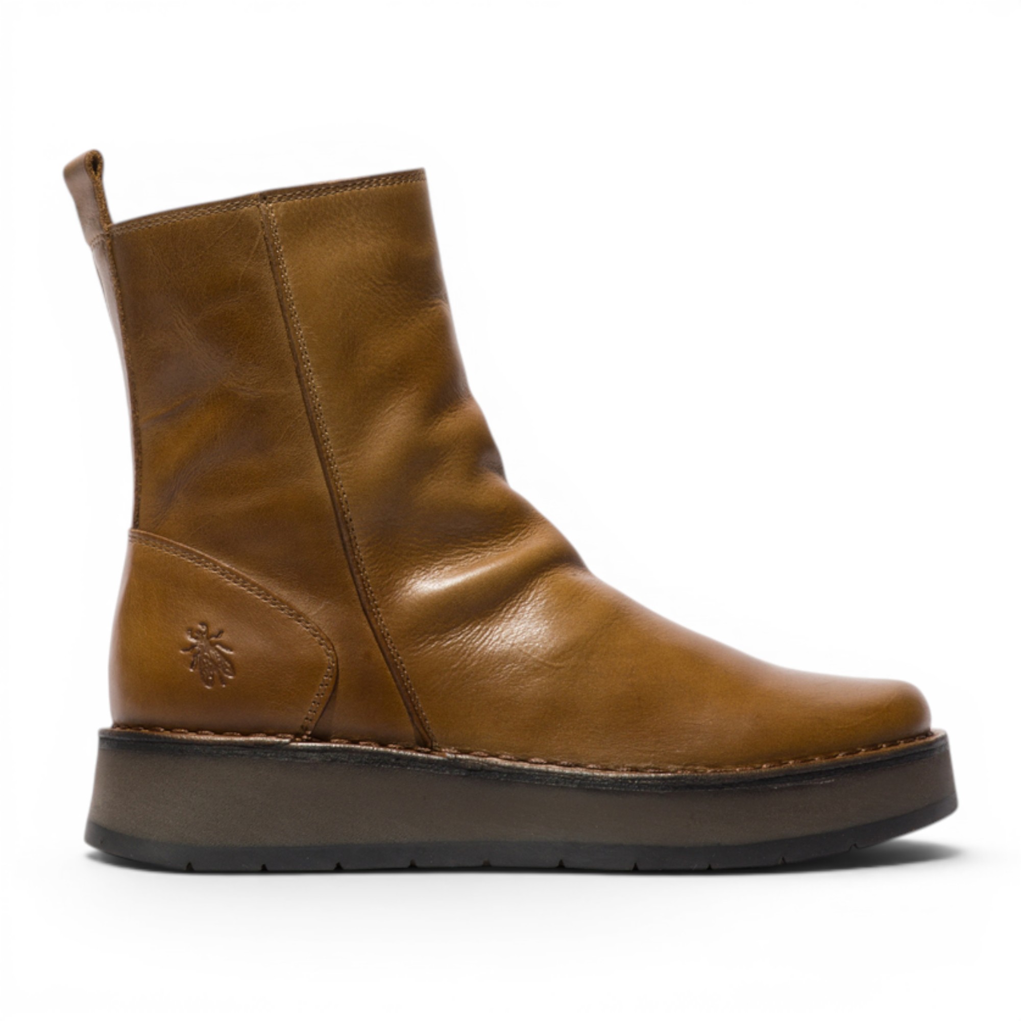 Fly London Damen beige Leder-Reißverschluss-Plateau-Stiefel – RENO053FLY