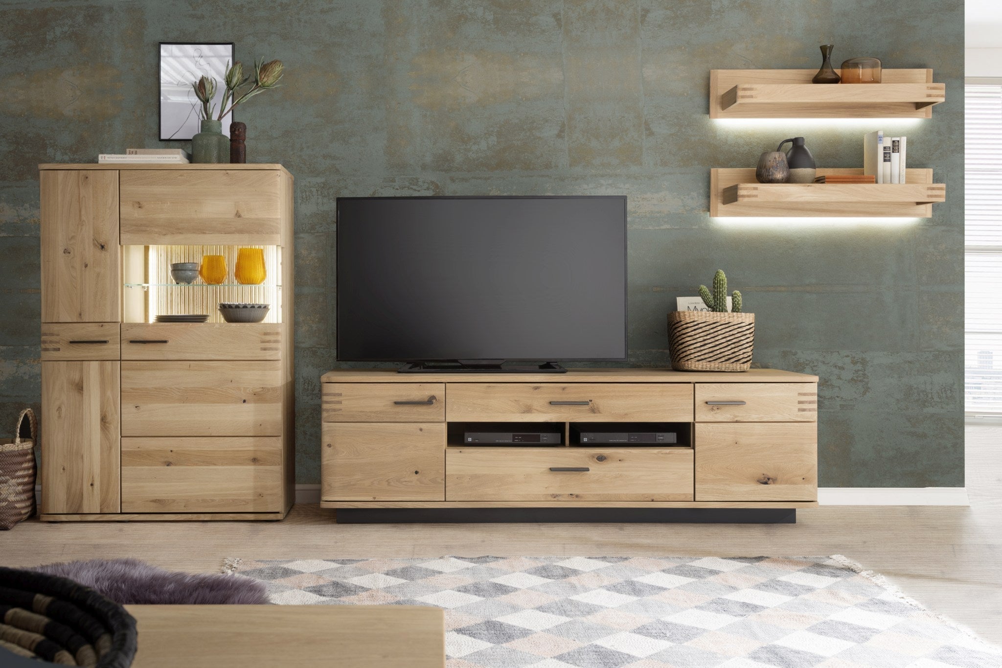 TV-Wohnwand Nr. 3 Eiche bianco teilmassiv 340 cm Sevilla