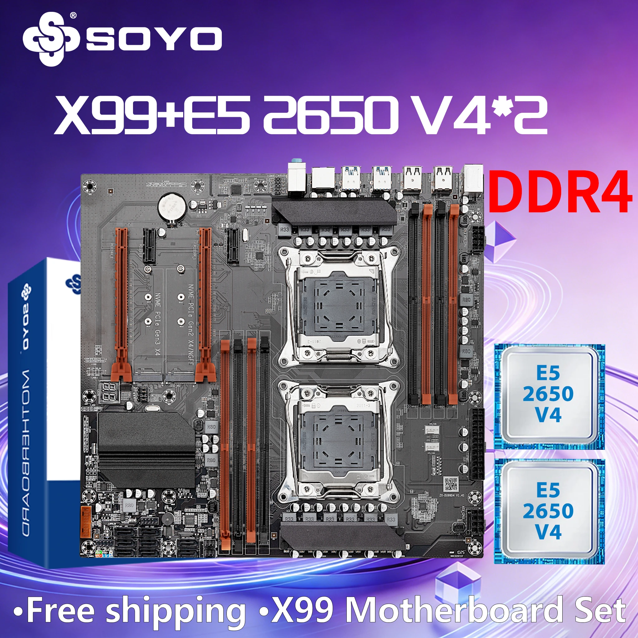 SOYO X99 Dual-CPU-Gaming-Motherboard E5 2650 V4*2 Kit Intel Xeon DDR4 PCIE16*2.0 LGA2011-3 M.2 USB3.0 NVME Desktop-Computer PC