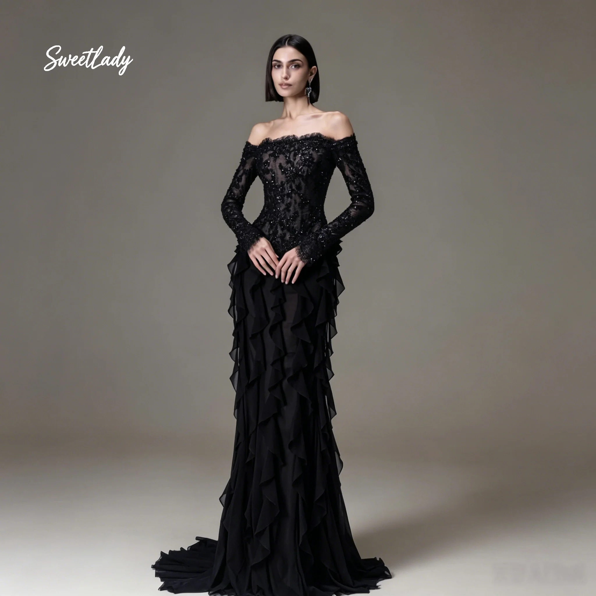 SweetLady Store Black Off Shoulder Long Sleeve Beaded Mermaid Evening Gown Ruffle Chiffon Formal Prom Dress