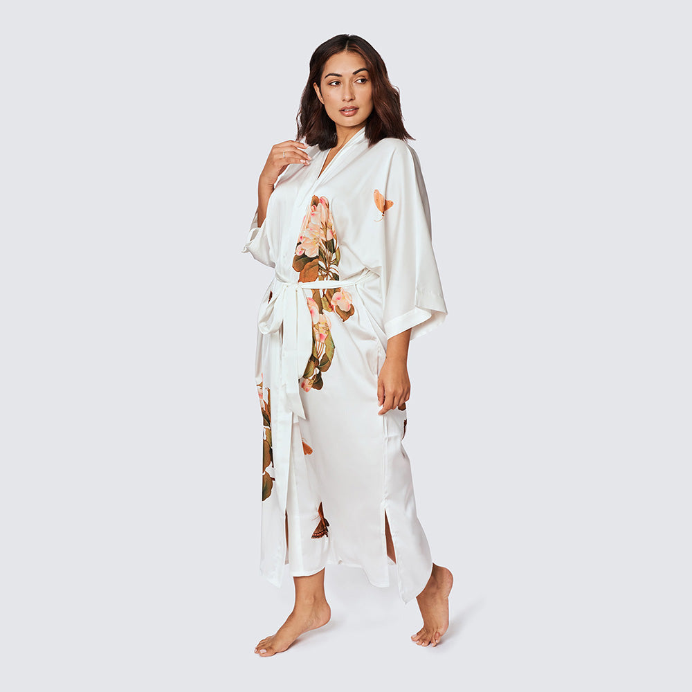 Peony & Butterfly Plus Size Floral Kimono Robe - Long - white (final sale) / plus size