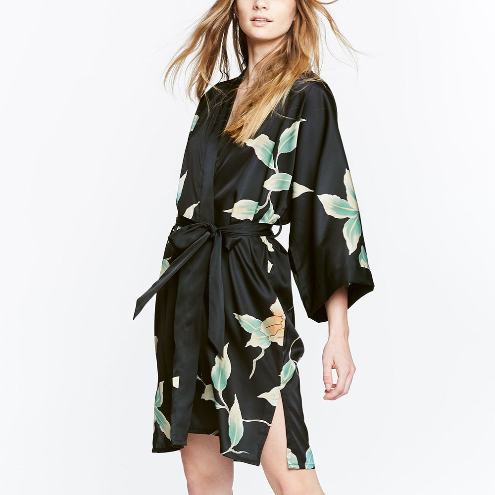 Aimi Floral Short Kimono Robe Wrap | KIM + ONO - black (final sale) / one size