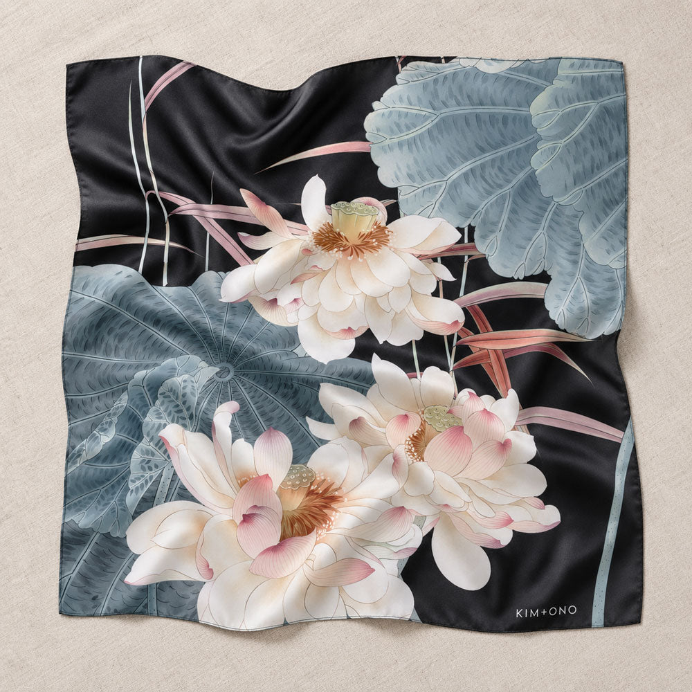 Maren Kerchief Scarf | Charmeuse Botanical Scarf | KIM+ONO - black / 26" square - KIM + ONO