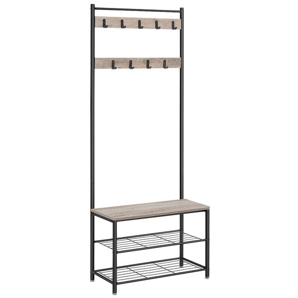 VASAGLE Garderobenbank mit Haken und Schuhrost 70/32/177 cm grau, 70x177x32 cm
