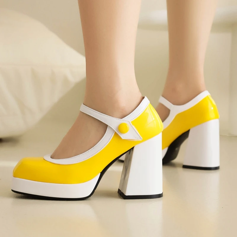 Mode Punk High Heels Mary Janes Schuhe Frau Plattform Gelb Rot Rosa frauen Mit Hohen Absätzen Hochzeit Party Büro Schuhe Große größe 46
