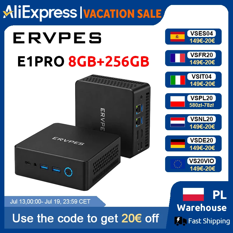 ERVPES E1PRO Mini-PC 8GB LPDDR4 256GB SSD Intel N4505 Windows 11 Pro Dual-Band WLAN BT5.0 Büro-Desktop Mini-Computer