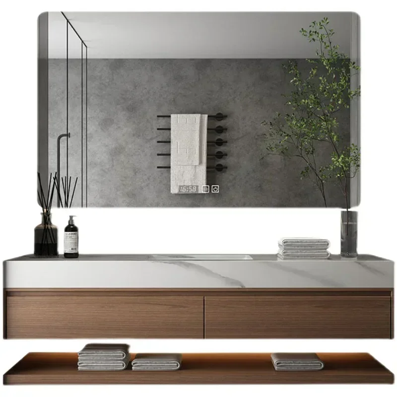 Armoire de salle de bain minimaliste, plaque de roche intégrée, lavabo en céramique, armoires de vanité de salle de bains sous évier, meubles de salle de bains