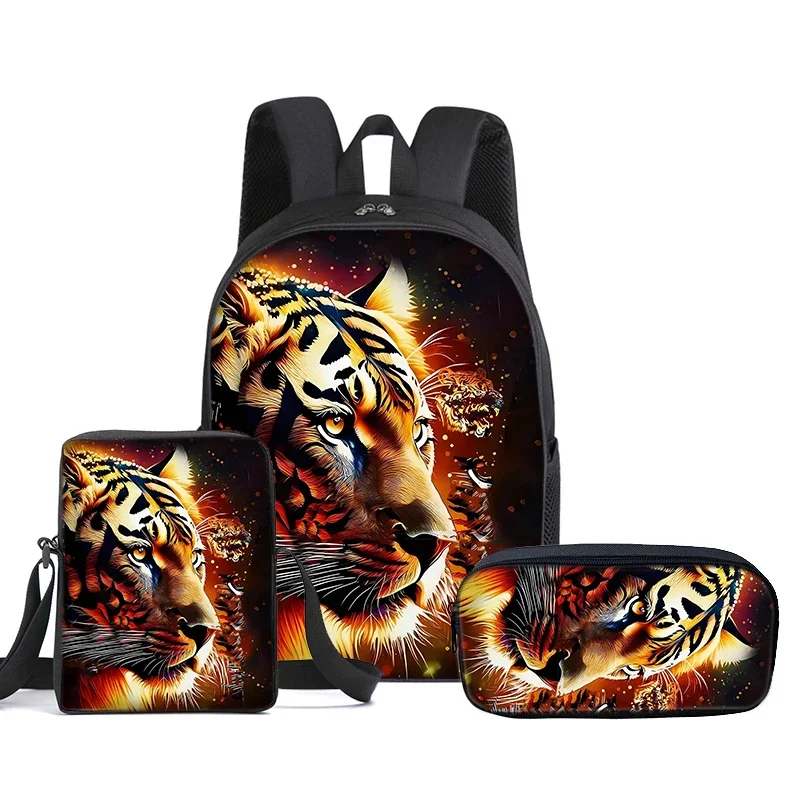 Sac à dos Animal Tiger 3 pièces/ensemble avec sacs messagers, trousse à crayons, sac d'école pour garçons/filles, meilleur cadeau, sacs d'école pour étudiants en dessin animé 2D