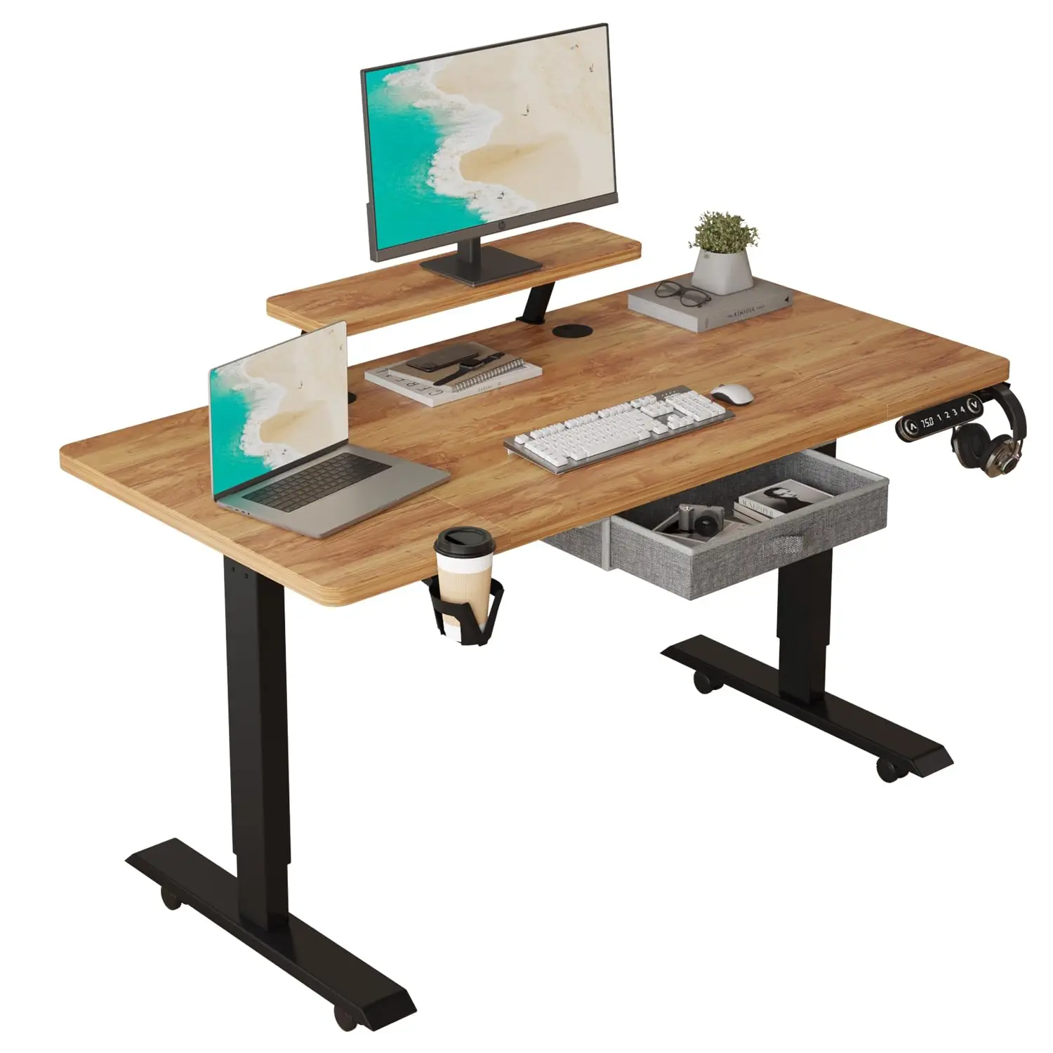 Radlove Höhenverstellbar Elektrischer Schreibtische Sitz- und Stehständer für Zuhause Bürotische mit Monitorständer und Schublade, Retro-Braun