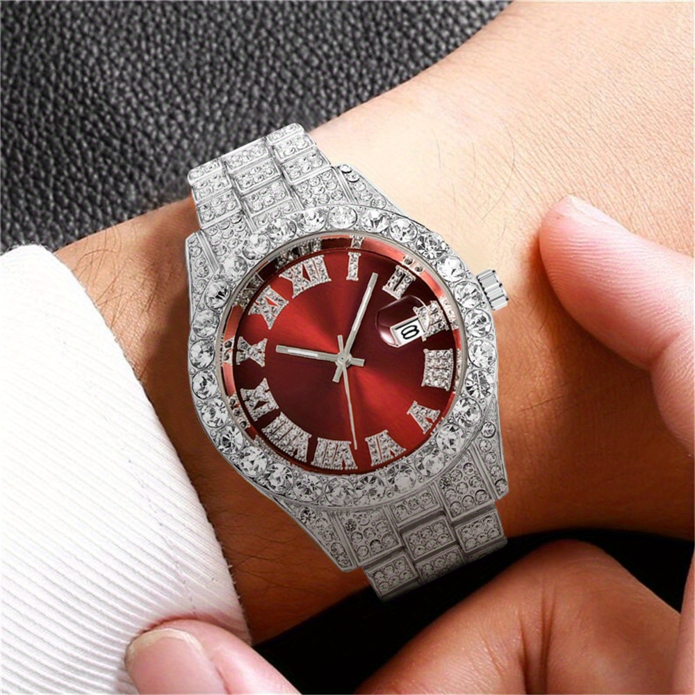 Iced Out Hip Hop Watch For Men Oversized Rhinestone Quartz Timepiece With Stainless Steel Band silver Red