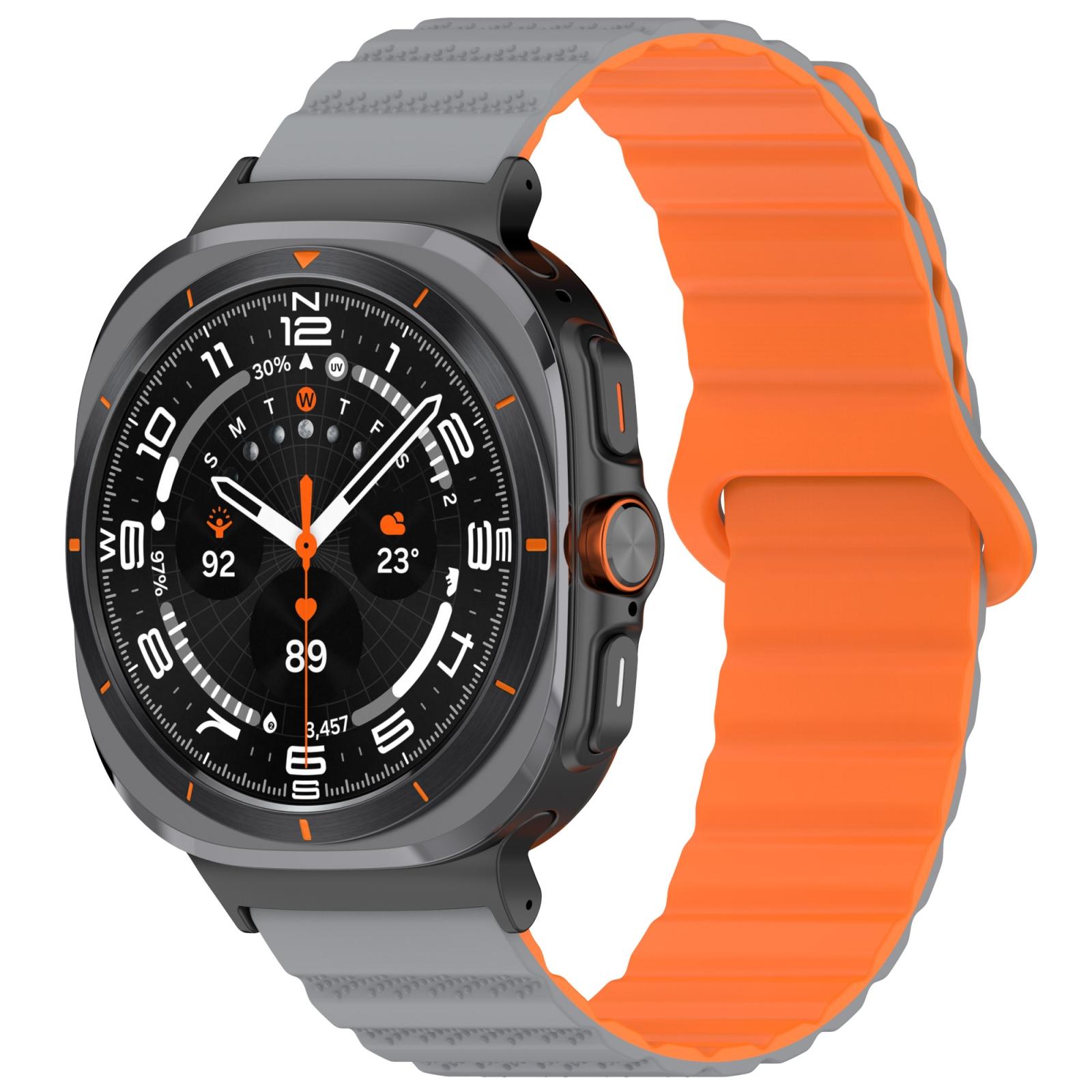 Samsung Galaxy Watch Ultra 47mm Magnetic Silicone Watch Band Two Tone Sport Replacement Strap gray Orange