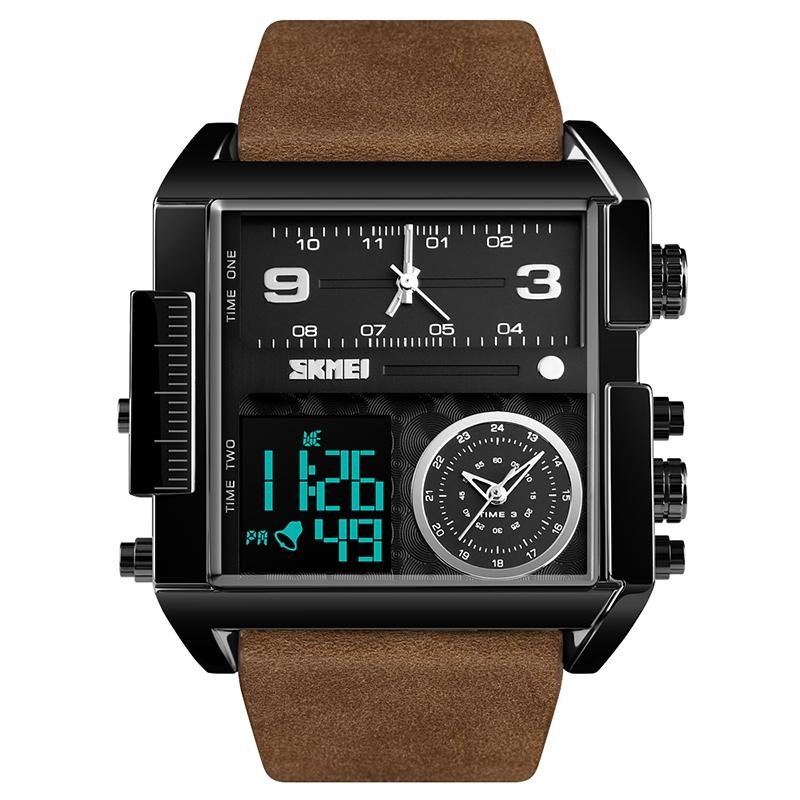 SKMEI 1391 Digital Business Watch For Men Waterproof Square Dial Leather Strap Multifunction Watch black+coffee