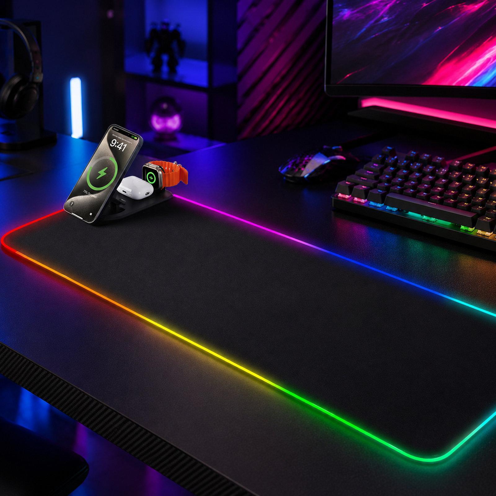 3 In 1 Wireless Charging Mouse Pad RGB Gaming Desk Mat With 15W Fast Charger 3 In 1 Wireless Charging Mouse Pad RGB Gaming Desk Mat With 15W Fast Charger