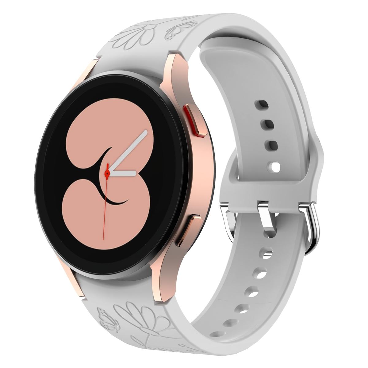 Samsung Galaxy Watch 6 Silicone Watch Band Butterfly Flower Embossed Soft Replacement Strap light Grey