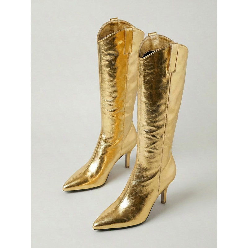 Women's Metallic Silver Knee High Fashion Boots - Fashion Shiny Mirror Pointed Toe Stiletto High Heel Tall Dress Boots for Fashion Parties, Night Out