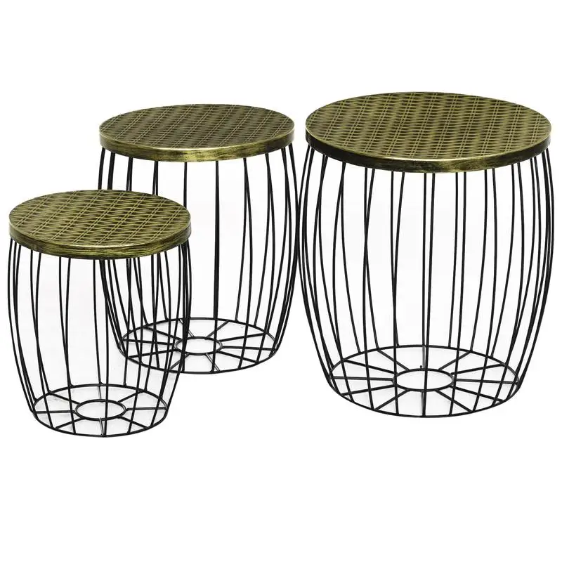 Ensemble de 3 tables basses, tables d'appoint, table de jardin, panier en métal rétro, panier en fil métallique, tables gigognes de jardin, mobilier de jardin, balcon extérieur, métal, naturel + noir,