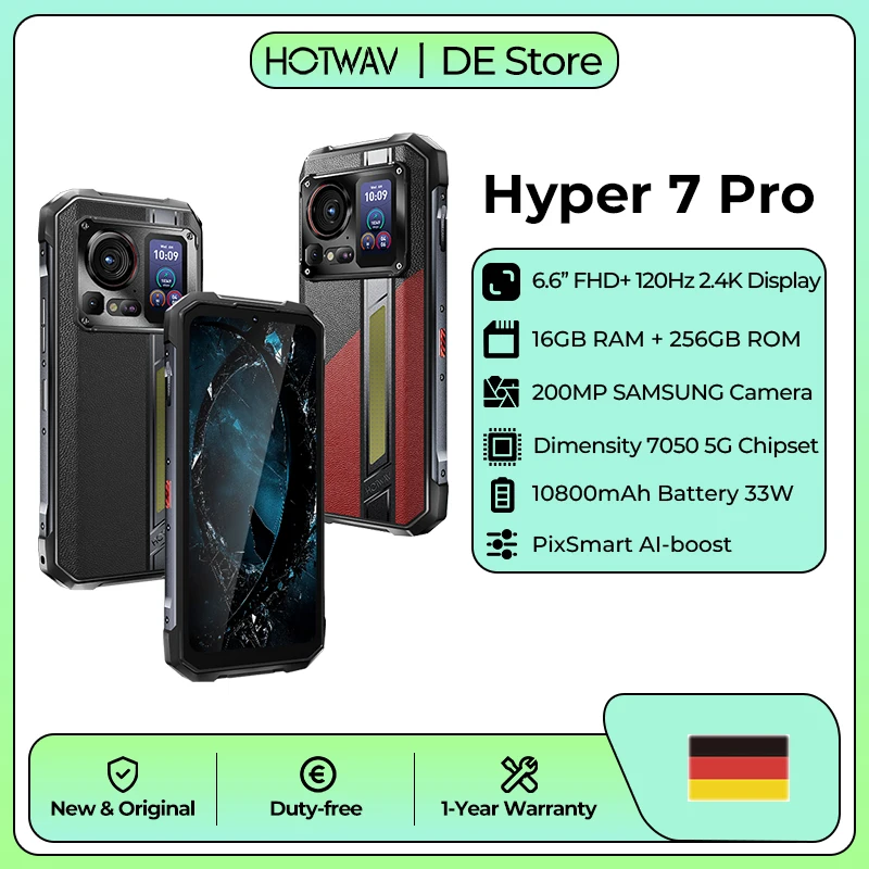 HOTWAV Hyper 7 Pro 5G Dimensity 7050 Octa-Core Outdoor-Smartphone 200MP + 32MP + 24MP Kamera Android 14 6,6'' 120Hz 2,4K Display 1,45'' Zweitbildschirm Smartphone 16GB RAM 256GB ROM 10800mAh Massiver Akku 33W Schnellladung Handy mit Super-Camping-Licht