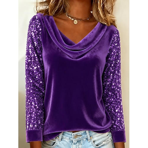 Per donna Camicia Velluto Paillettes Elegante Manica Lunga Scollo a Cascata Top Regolari Casuale Abbigliamento casual alla moda Feste Nero Rosa Rosso Viola Oro Autunno Inverno