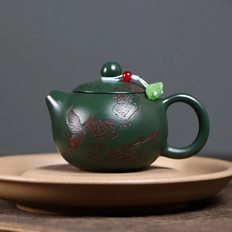 Chinese Yixing Purple Clay Teapot Handmade Fish Pattern Xishi Tea Pot Raw Ore Green Mud Kettle Household Zisha Teaware 110ml