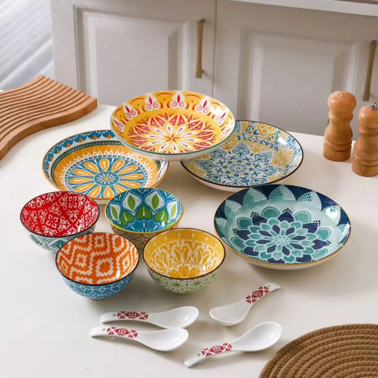 12-Piece Bohemian Dinnerware Set for 4 People, Household Plates Bowls Spoons, Oven/Microwave/Dishwasher Safe