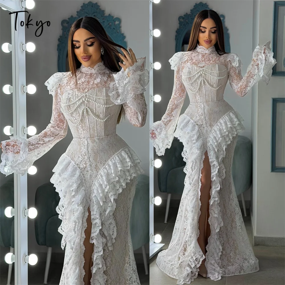 Tokyo High Neck Floral Lace Mermaid Dress Pearl Beaded Long Flare Sleeve Maxi Gown Vintage Bridal Reception Formal Evening Party