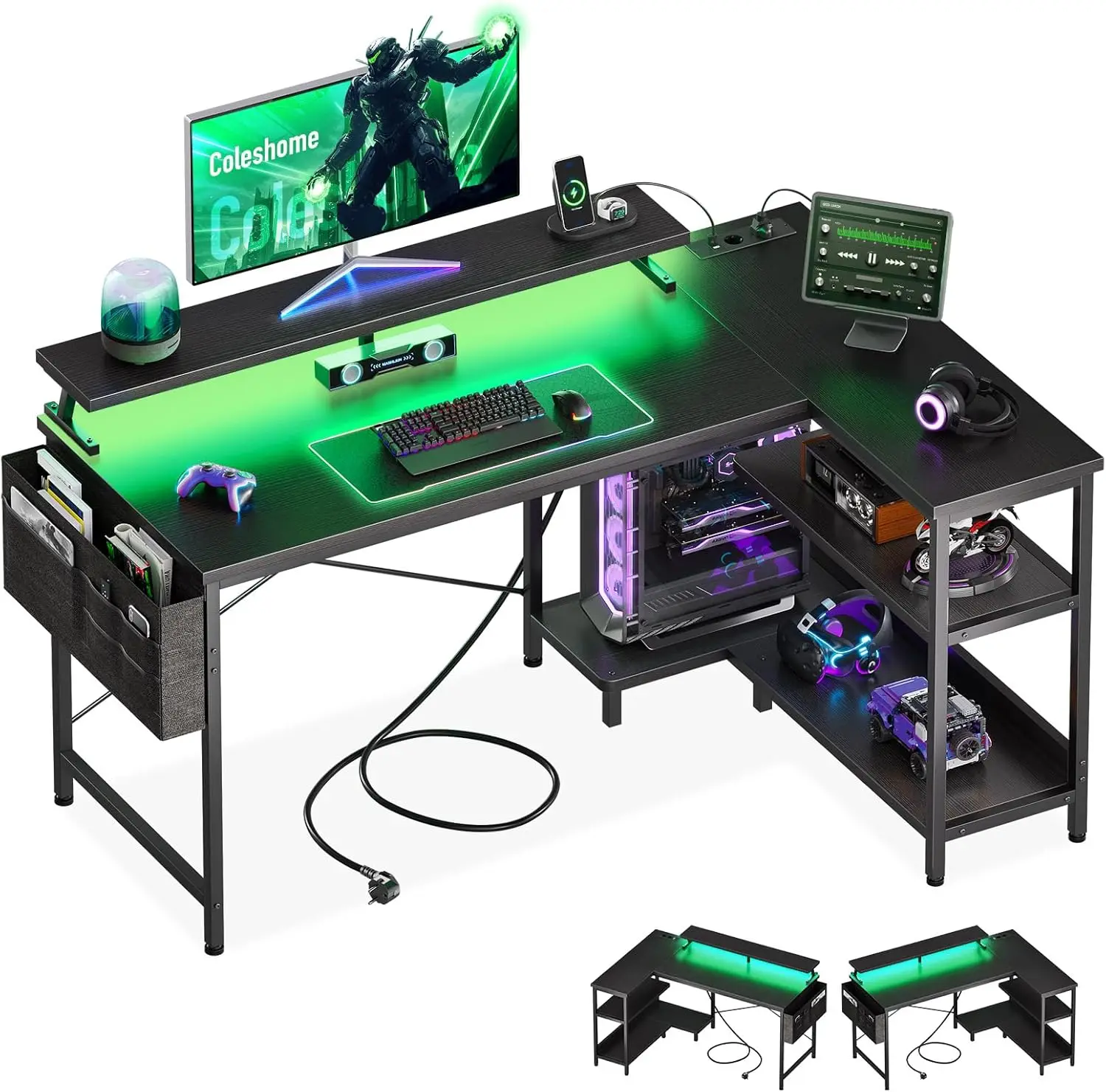 Coleshome Gaming-Schreibtisch mit LED, 120 x 80 cm großer Eckschreibtisch mit umkehrbaren Regalen, L-förmiger Gaming-Tisch mit Steckdosen und USB-Anschlüssen, Gaming-Tisch mit Monitorständer für das Home Office, Schwarz