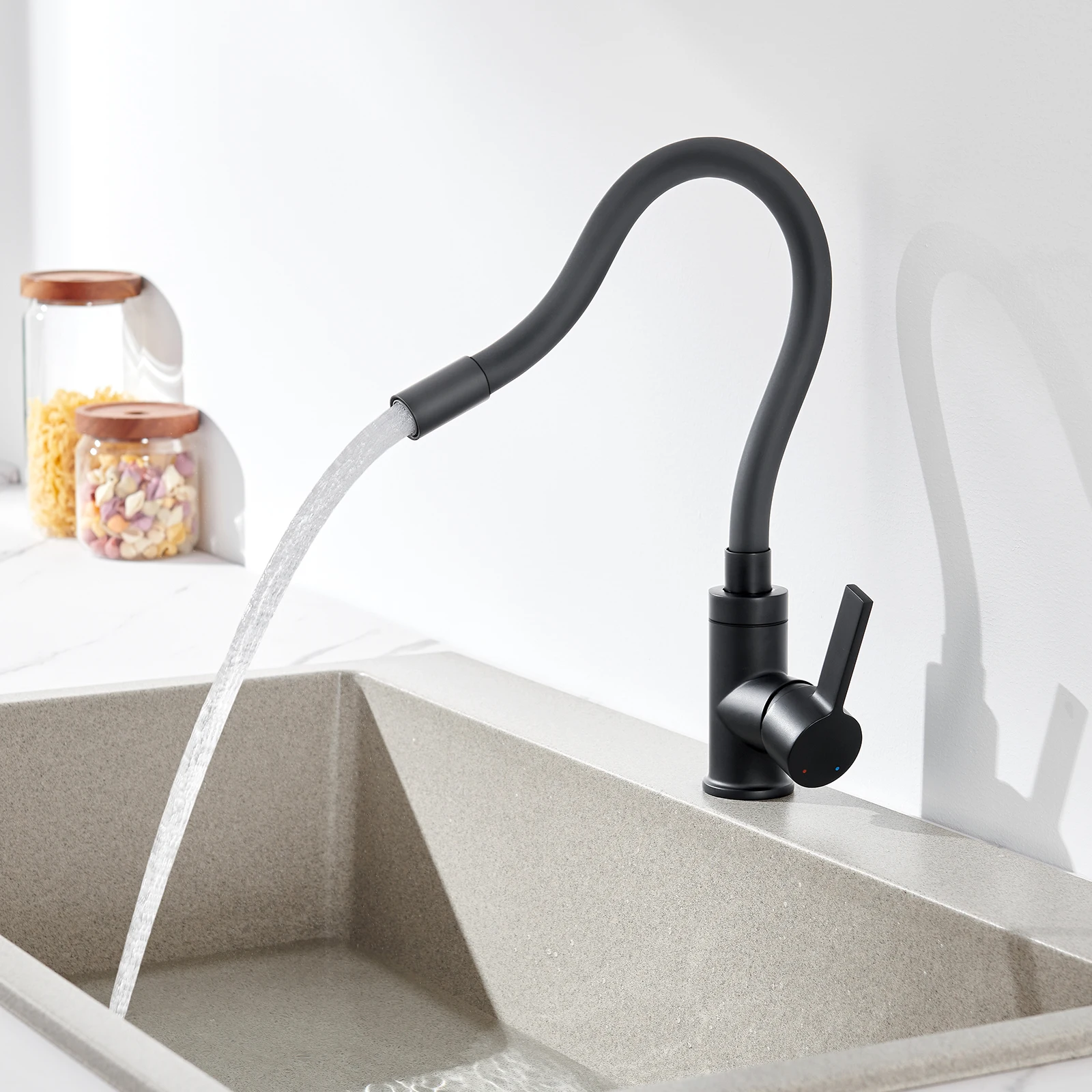 Küchenarmatur Schwarz, Universal Flexibel Wasserhahn Küche 360° Drehbar, Wassersparend Kalt Warmwasser Zinklegierung, Einhandmischer mit Luftsprudler, Spültischarmatur Modernes Design Ersatz