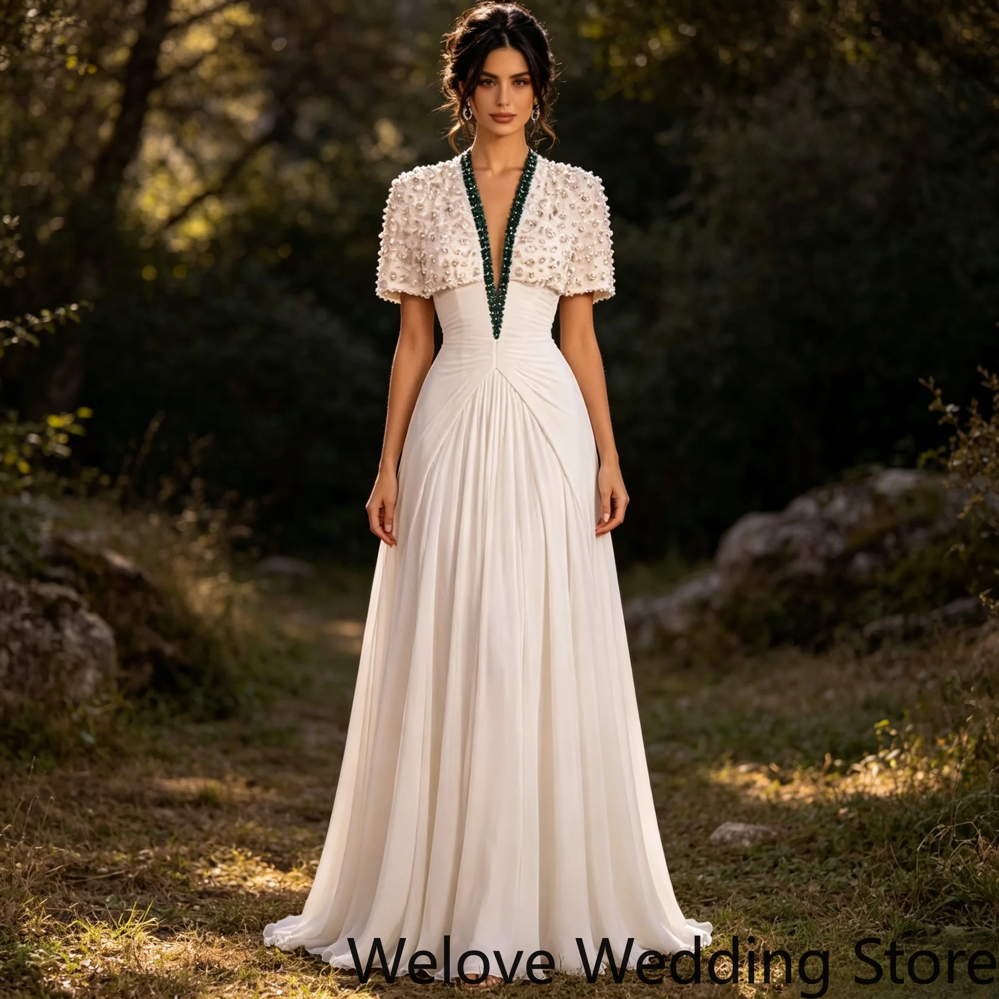 Customized Boho Style Outdoor Wedding Dress Featuring Short Puff Sleeve Fully Beaded Top, Emerald Rhinestone Placket Trim