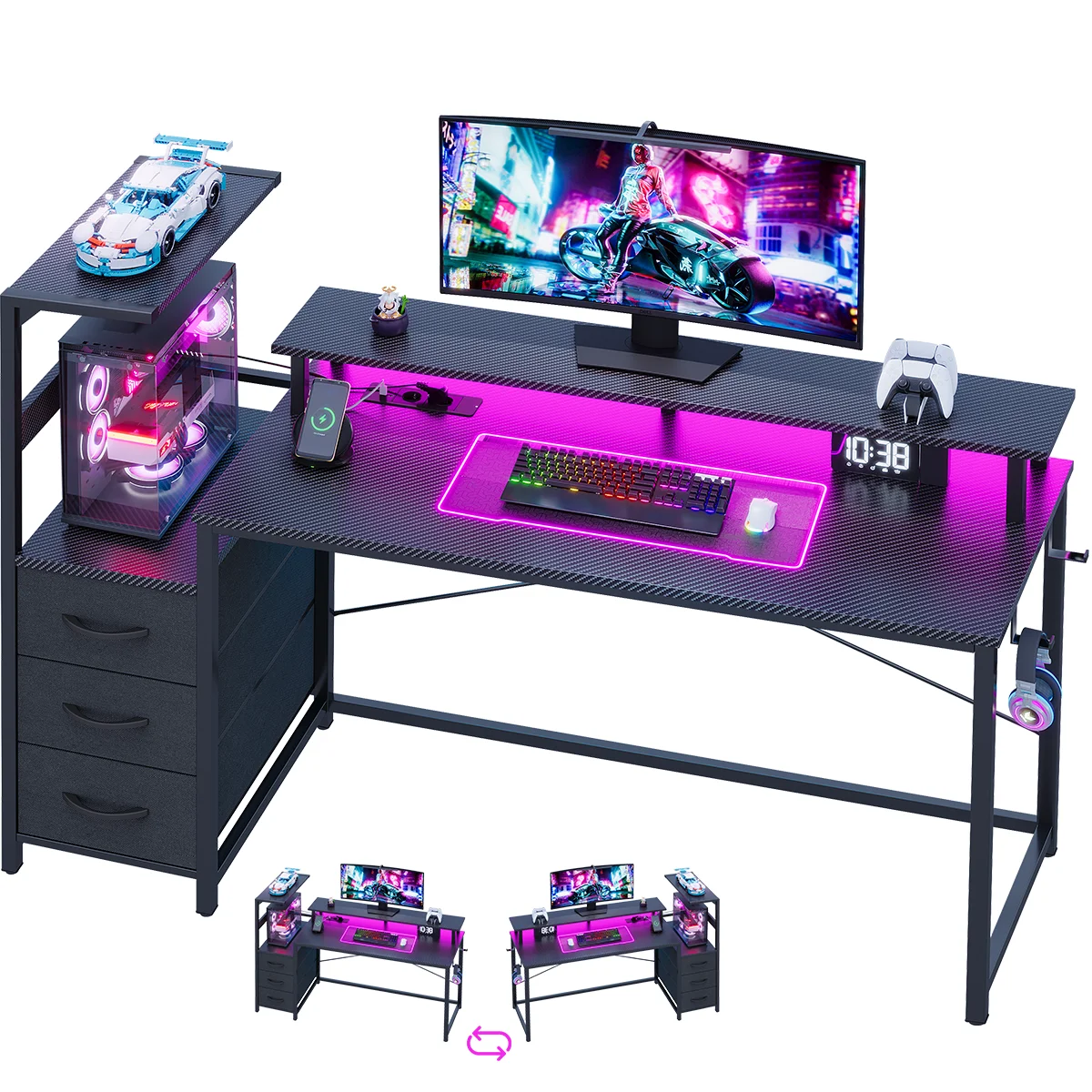 (Ausverkauft, bitte nicht bestellen) Mihtrov + Gaming-Schreibtisch mit LED und Steckdosen, 148x48x148 cm, beidseitig verwendbarer Gaming-Schreibtisch mit Regalen, Aufbewahrungstasche und Haken für Heimarbeit und Spiele, Schwarz