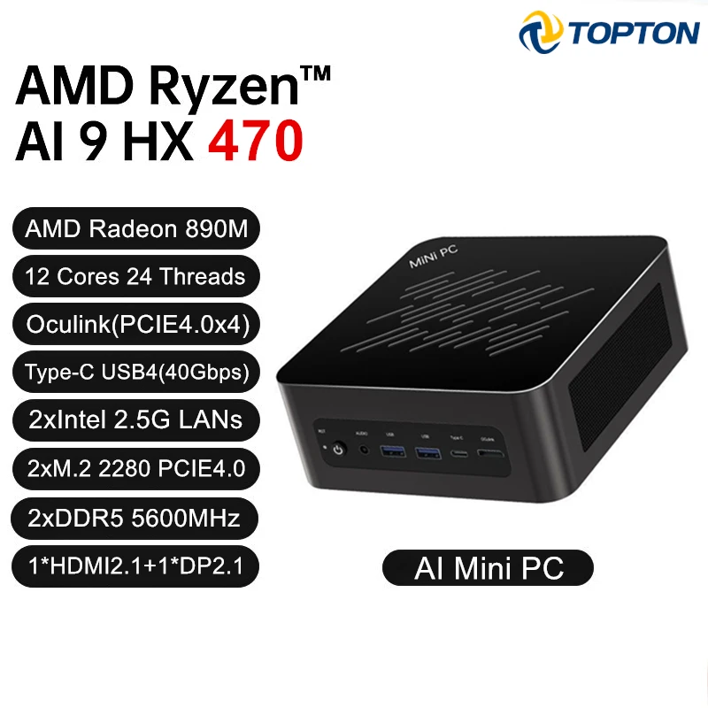 Topton Gaming AI Mini-PC OCulink AMD Ryzen AI 9 HX 470 370 365 USB4 2x2.5G LAN 2xNVMe Windows 11 Metall-Mini-Computer OpenClaw
