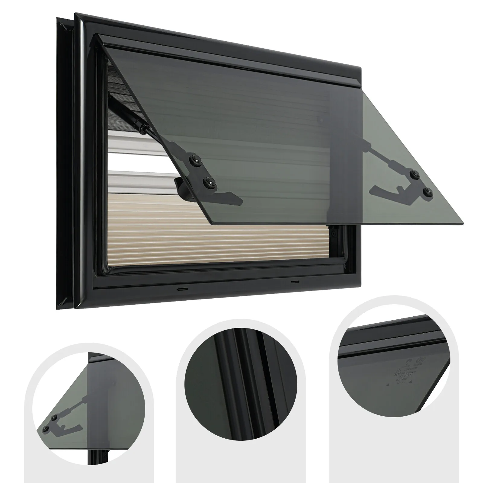 Wohnwagenfenster, Klappfenster, Camperfenster, Wohnmobilfenster, 85 ° Wohnwagenfenster mit Fliegengitter und integriertem Rollo, 50x30 cm