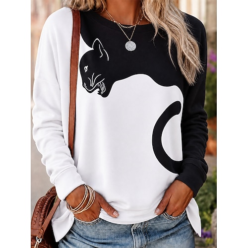 Damen Pullover Sweatshirt Druck Grafik Tiermotiv Mode Lässig Langarm Rundhalsausschnitt Rundhals Normale Oberteile Lässig Straße Alltagskleidung Weiß Schwarz und Weiß Schwarz Elfenbein Herbst Winter